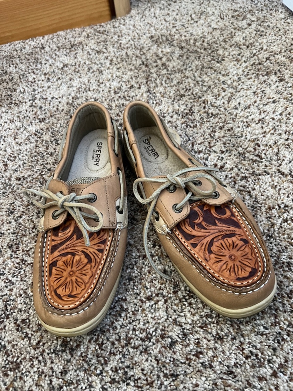 Sperry Tan Leather Boat Shoes with Tooled Floral Vamp